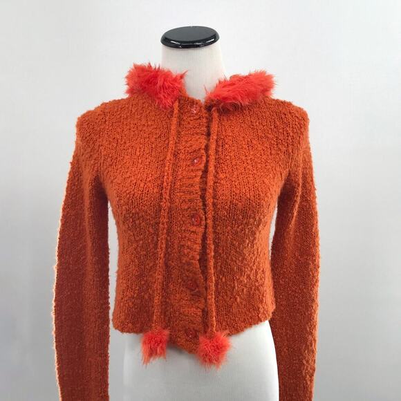 Unif NWT Fuku Orange Fuzzy Hooded Cropped Cardigan Sweater XS - Picture 7 of 12